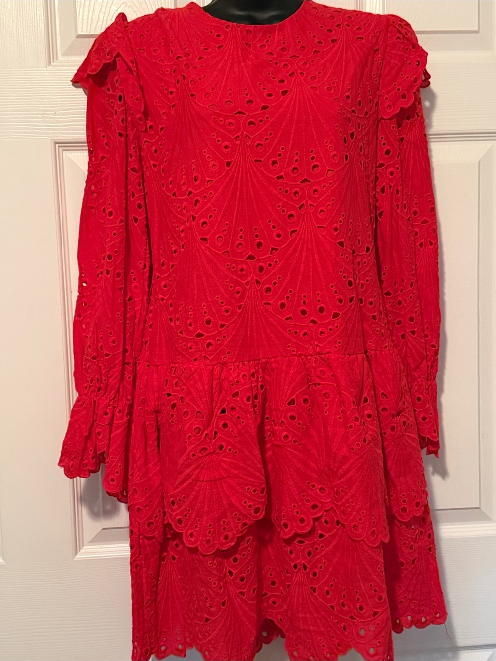 Red Eyelet Long-Sleeve Tiered Dress